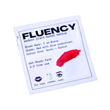 Fluency makeup sample with red color swatch on a white background