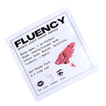 Fluency makeup product packaging with a swatch of pink color on a white background
