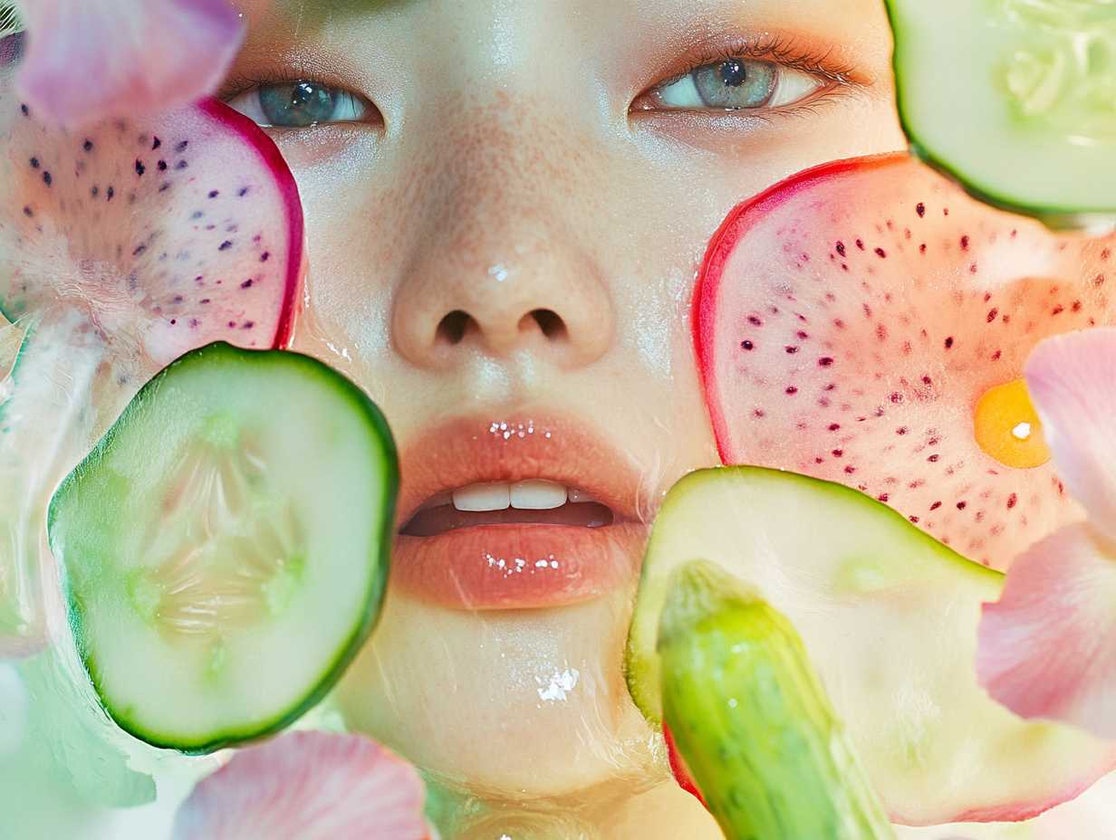 Fluency vegan makeup for eyes, face, cheeks and lips, plant-powered formula, close up model face surrounded by vegetables and fruits