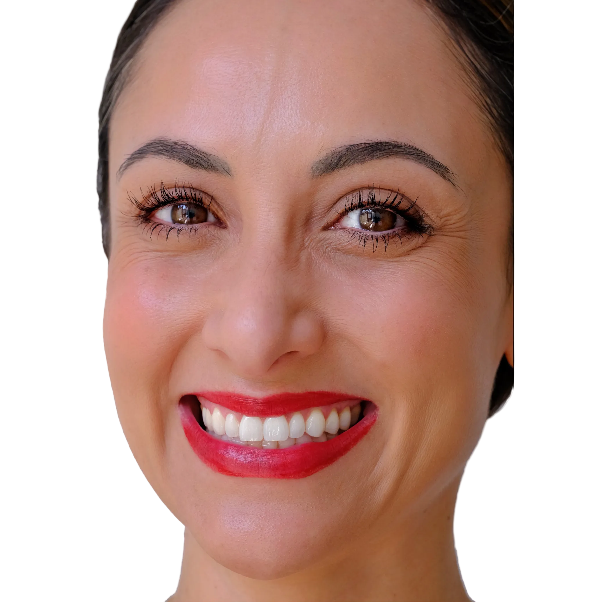 Close-up of a woman's face with a neutral expression on a white background wearing makeup colored from superfoods beets potatoes vegetables