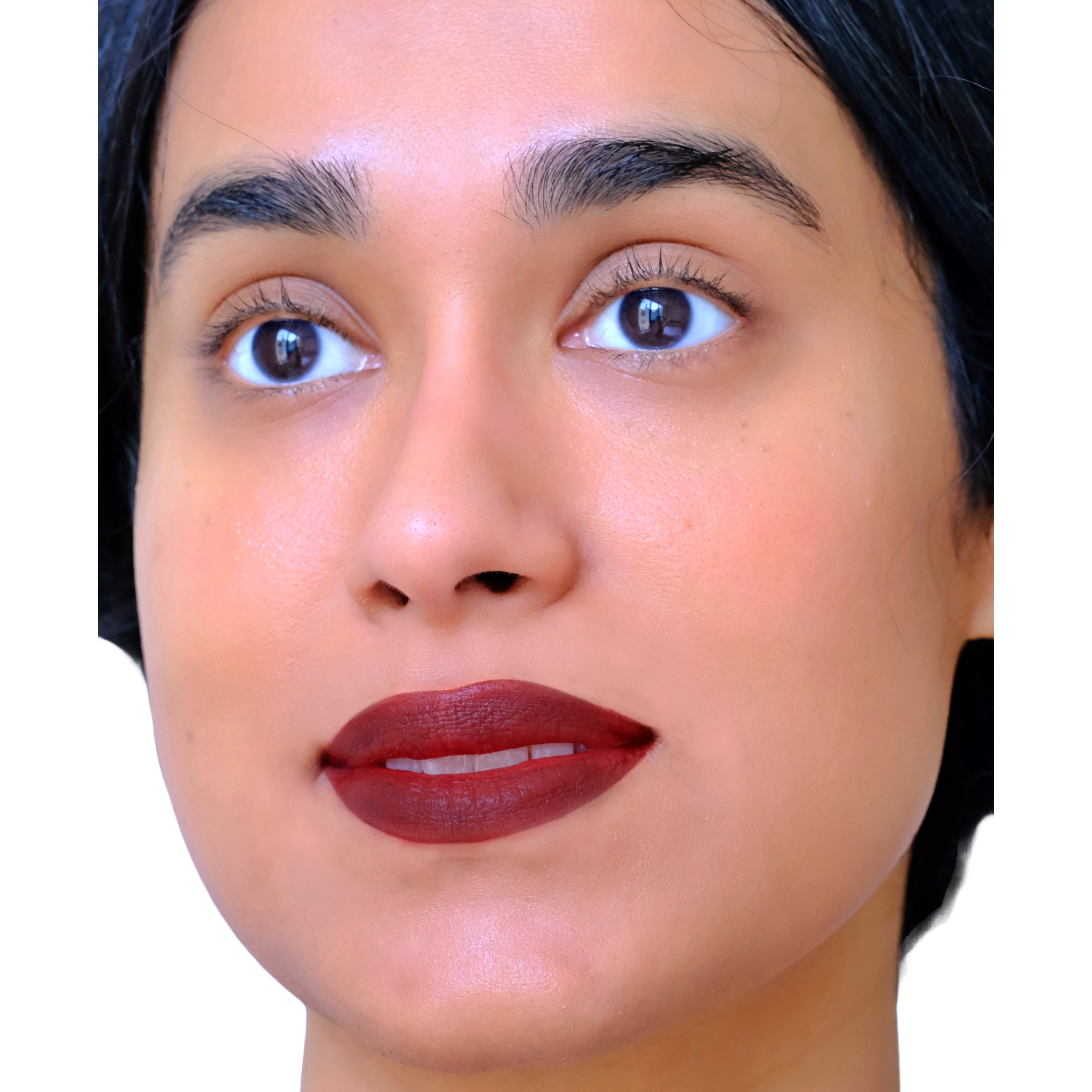 portrait female wearing brown vegan lipstick makeup from natural colors from superfoods like beets potates radish spirulina vegetables