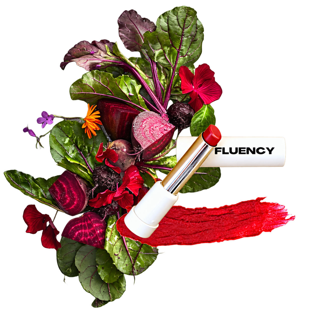 fluency lipstick multistick blue red shade over a beet salad with aesthetic flowers showcasing its made from beets